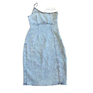 Saints + Secrets Sz S blue denim one shoulder semi open front dress split side